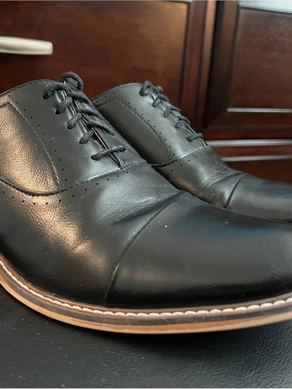 STEVE MADDEN - Men's Black Leather Cap-Toe Oxford Dress Shoes S